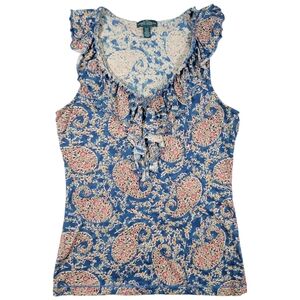 Ralph Lauren Sleeveless Blouse Womens M‎ Blue Paisley Floral Ruffled V Neck Tank